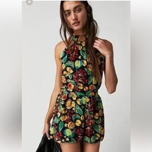 NWT Free People Size S Coral Tides Romper Dress Floral Printed Halter Tie Back